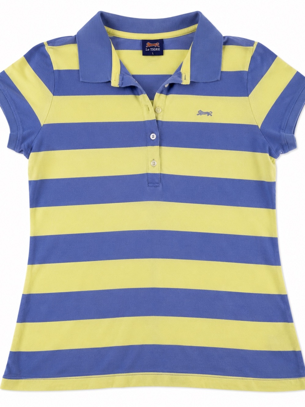 Le Tigre Women’s Striped Polo Shirt Large Blue Green Short Sleeve Preppy